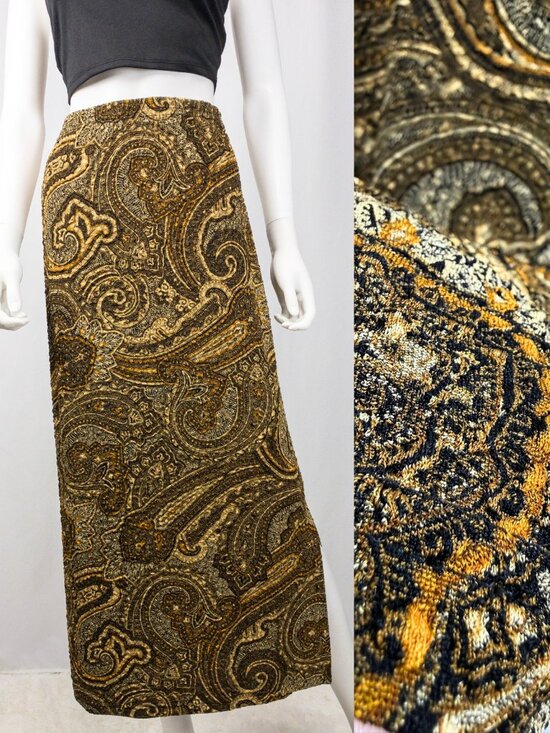 Vintage Dresses & Skirts - Vintage 90s Tapestry Baroque Textured Paisley Black Golden Maxi Stretch Skirt M